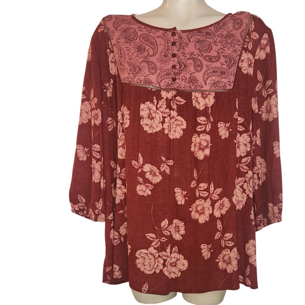 Como Vintage Womens 2XL Burgundy Floral Paisley Boho Blouse 3/4 Sleeve E2U028TSC